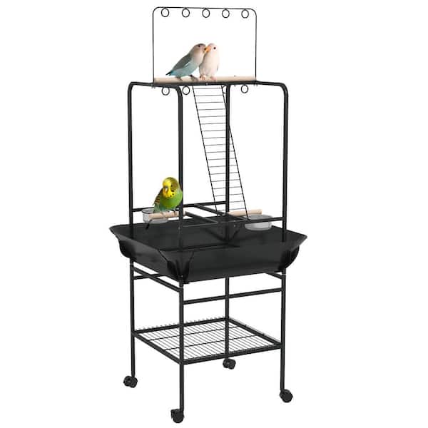 Siavonce Bird Stand with Wheels, Small Parrot Stand with Perches, Steel Feed Bowls, Pull-Out Tray, Bird Play Stand, Gray