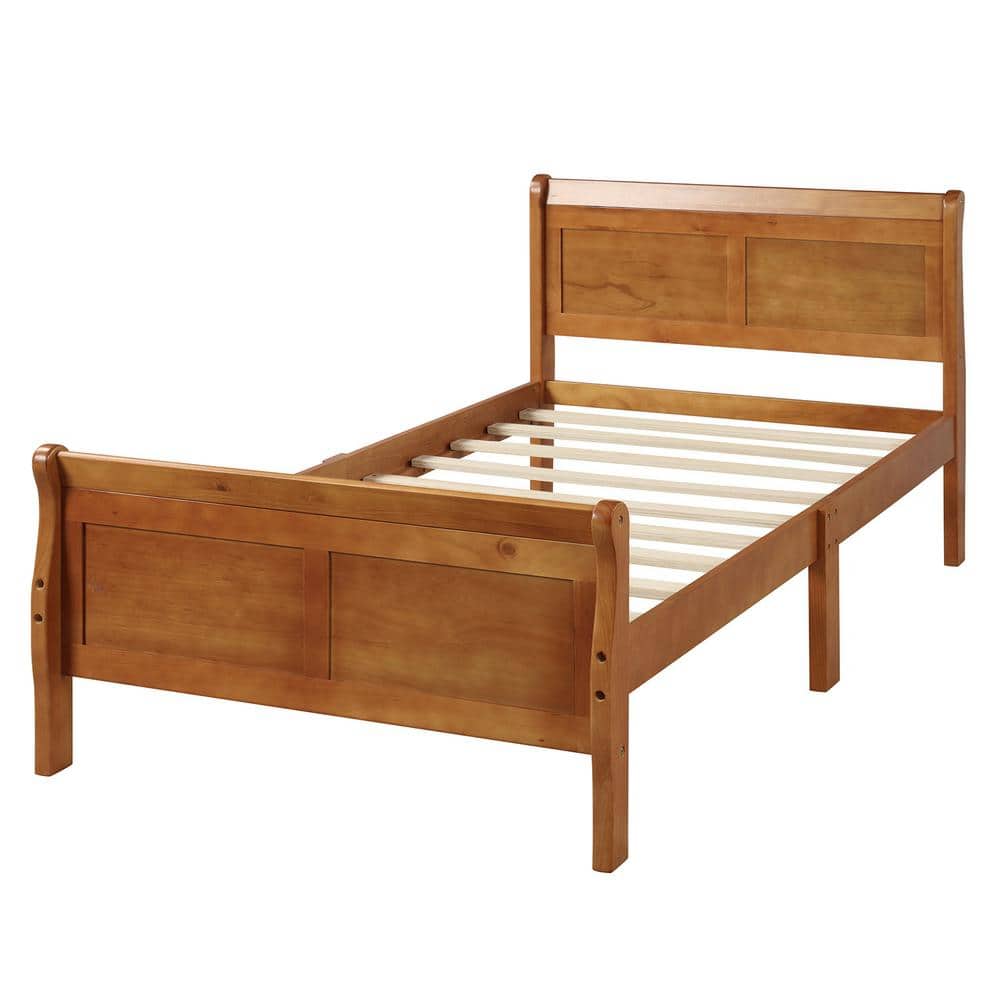 ATHMILE Oak Twin Size Frame Mattress Foundation Sleigh Platform Wood Bed with Headboard and Footboard, Wood Slat Support, Brown -  GZ-WF192439AAL