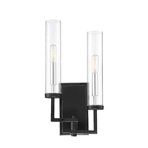 Folsom 8 in. W x 17 in. H 2-Light Matte Black with Polished Chrome Accents Wall Sconce with Clear Glass Shades