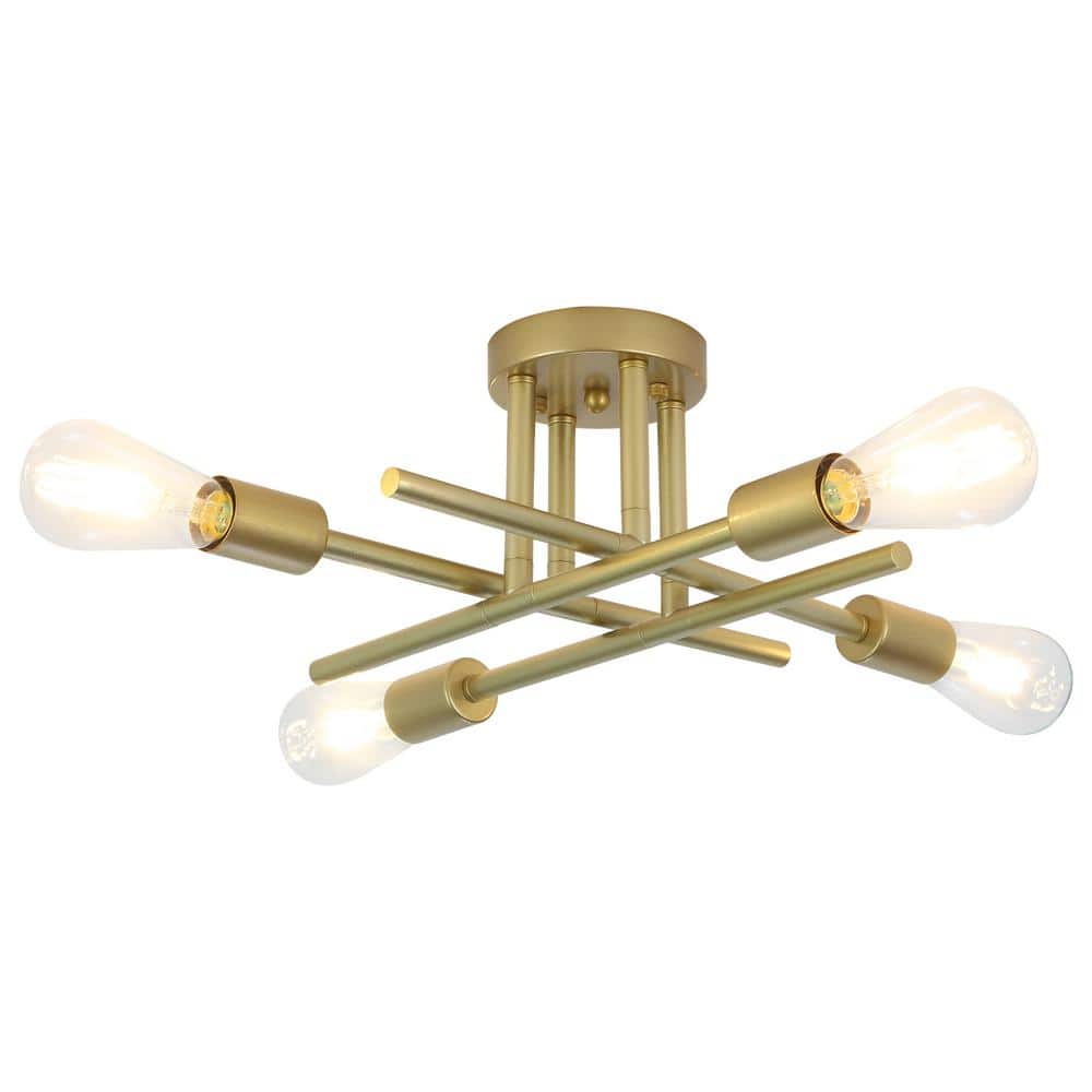 Modern 18.5 in. 4-Light Gold Sputnik Linear Semi- Flush Mount Ceiling Light