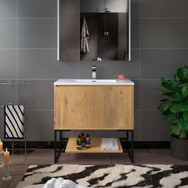 FL 36 in. W x 18.87 in. D x 17.75 in. H Single Sink Floating Bath Vanity in Foak with White Resin Top