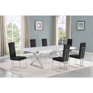 Miguel 7-Piece Rectangle White Wood Top Silver Stainless Steel Dining Set with 6 Black Velvet Chairs