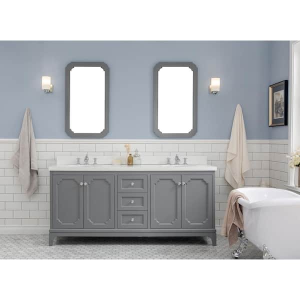 Water Creation Queen 72 in. Cashmere Grey With Quartz Carrara Vanity Top With Ceramics White Basins and Faucet