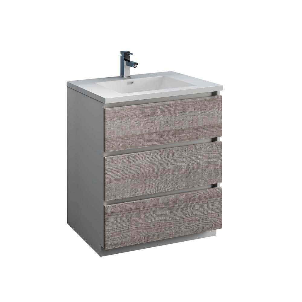 Ash Gray Solid Wood Freestanding Vanity with Acrylic Sink