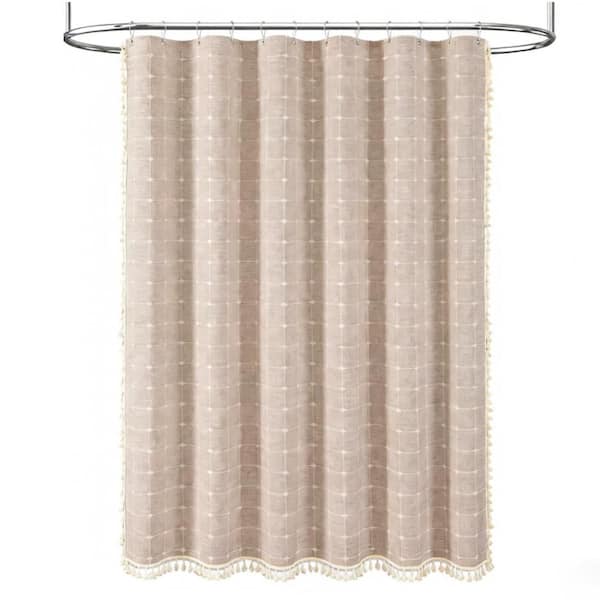 72 in. W x 84 in. L Linen Blend Blackout Shower Curtain, Boho Farmhouse Plaid with Tassels, Water Repellent, in Taupe