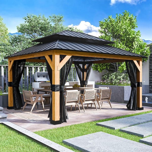 13 ft. x 11 ft. Double Galvanized Steel Roof Cedar Wood Frame Outdoor Patio Hardtop Gazebo with Mosquito Netting