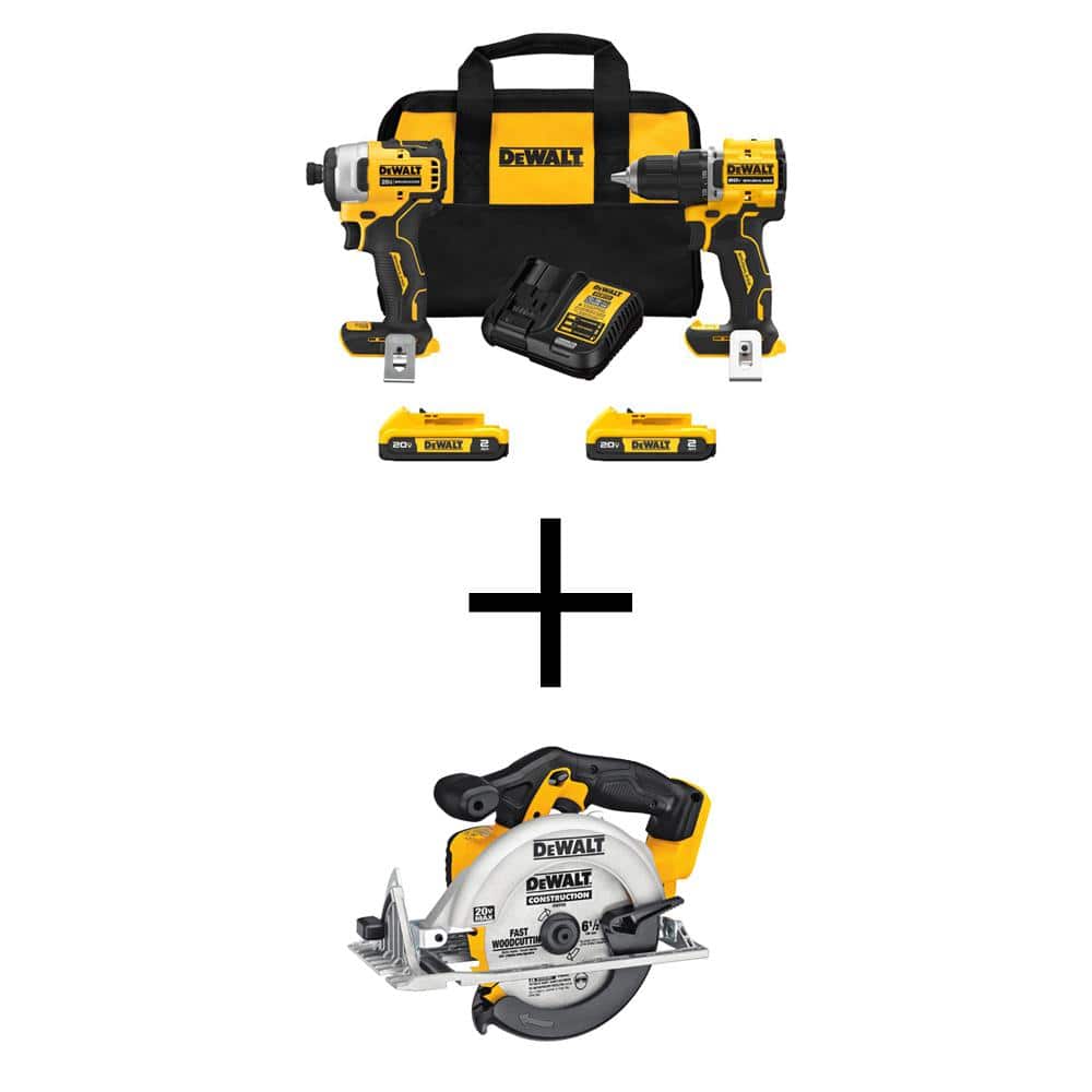 DEWALT ATOMIC 20-Volt MAX Lithium-Ion Cordless Combo Kit (2-Tool) and 6.5 in. Circ Saw with (2) 2Ah Batteries, Charger and Bag