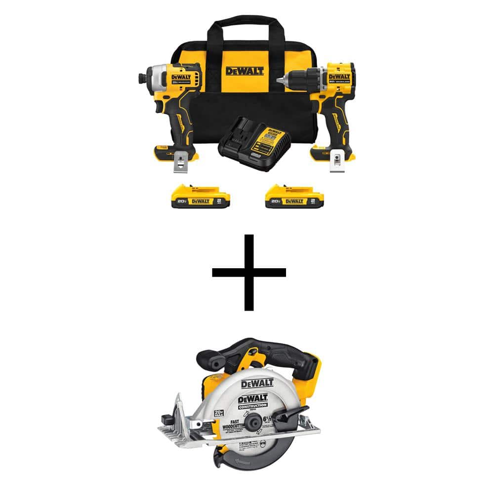 DEWALT ATOMIC 20-Volt MAX Lithium-Ion Cordless Combo Kit (2-Tool) and 6.5 in. Circ Saw with (2) 2Ah Batteries, Charger and Bag -  DCK225D2WCS391B