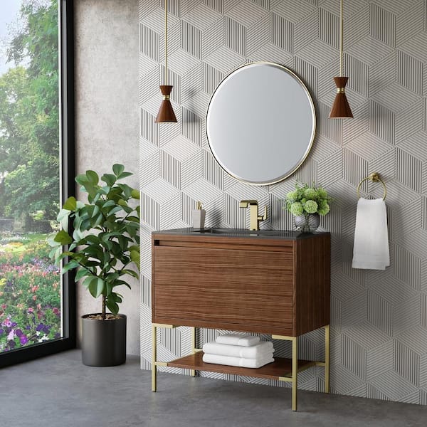 Mantova 35.4 in. W x 18 in. D x 36 in. H Single Bathroom Vanity Mid-Century Walnut & Charcoal Black Composite Stone Top