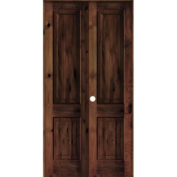 Krosswood Doors 48 in. x 96 in. Rustic Knotty Alder 2-Panel Square Top Right-Handed Red Mahogany Stain Wood Double Prehung Interior Door