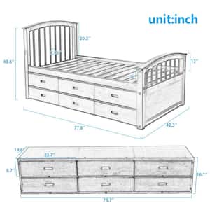 Walnut Twin Size Platform Storage Solid Wood Bed with 6-Drawers