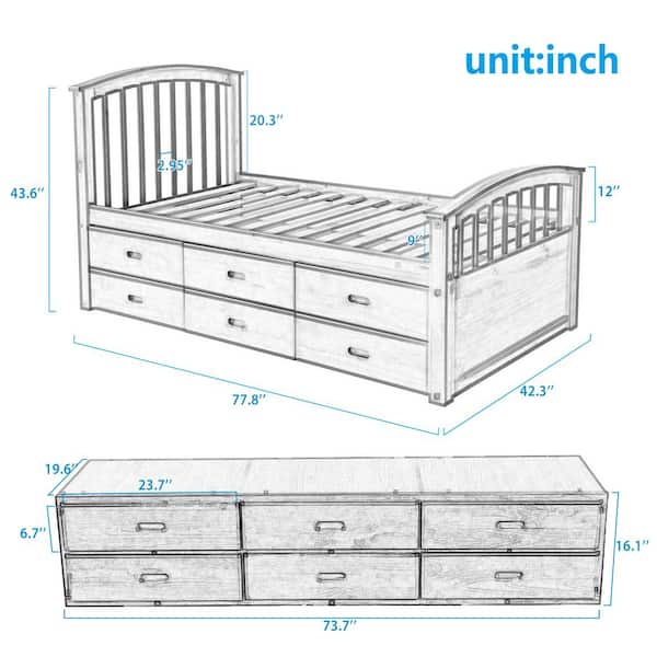 Walnut Twin Size Platform Storage Solid Wood Bed with 6-Drawers