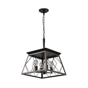 Gelsenkirchen 4-Light Walnut Finish Industrial Farmhouse Square Chandelier for Kitchen Island with No Bulbs Included