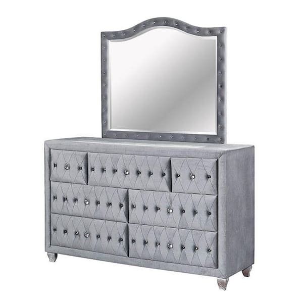 William's Home Furnishing Alzir 7-Drawers 37.75 in. H x 60.88 in. W x 19.63 in. D Gray Dresser with Mirror