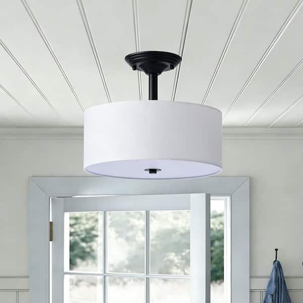 13 in. 2-Light Matte Black Semi-Flush Mount Light with Fabric Drum Shade
