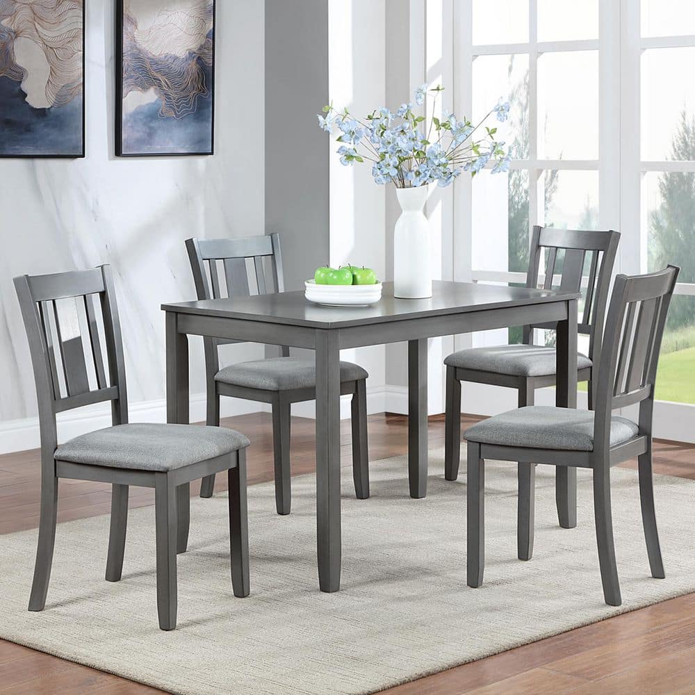 Jaswell Country Rustic Gray Linen Upholstered & Solid Wood Dining Side Chair with Slat Back, (Set of 4)