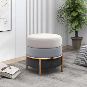 Beige and Gray Linen Fabric Round Accent Small Ottoman