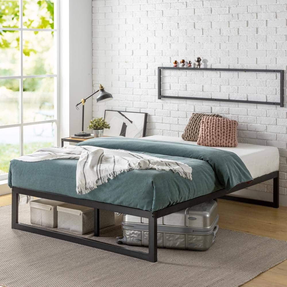 King Black Metal Frame Upholstered Platform Bed with Slats