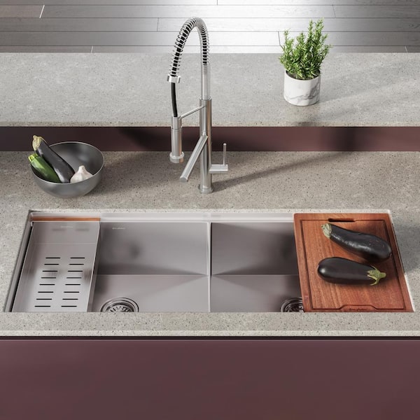 Rivage Stainless Steel 45 in. Double Bowl Undermount Workstation Kitchen Sink