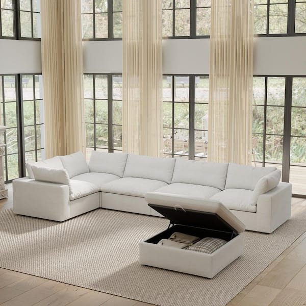 157.32 in. Square Arm 6-piece Linen Down Sectional Sofa with Storage in. White