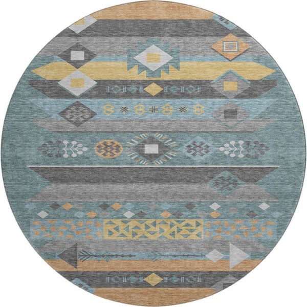 Mayfield Premium Machine Washable Abstract AMF2499 Teal 8 ft. x 8 ft. Round Rug