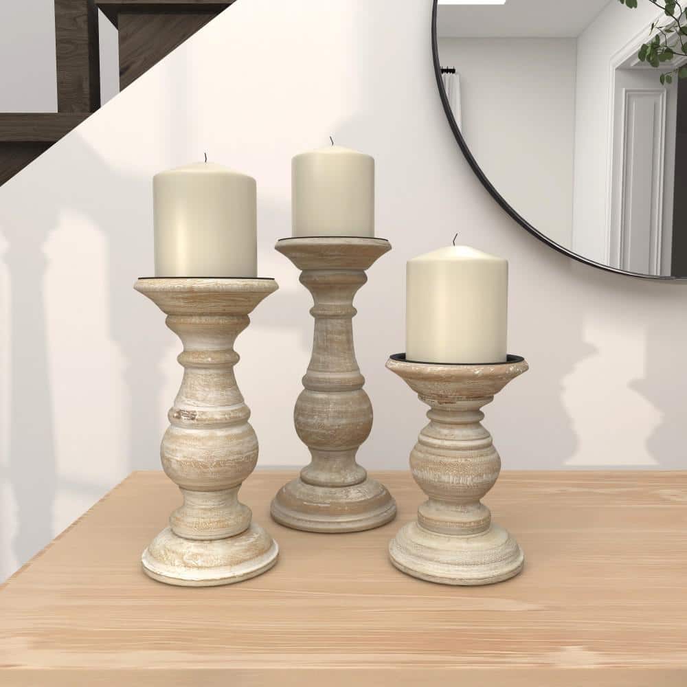Winter Elegance Cream Mango Wood Pillar Candlestick Trio