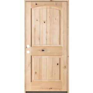 32 in. x 80 in. Rustic Knotty Alder Top Rail Arch V-Grooved Right-Hand Inswing Unfinished Wood Prehung Front Door