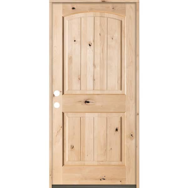 Krosswood Doors 32 in. x 80 in. Rustic Knotty Alder Top Rail Arch V-Grooved Right-Hand Inswing Unfinished Wood Prehung Front Door