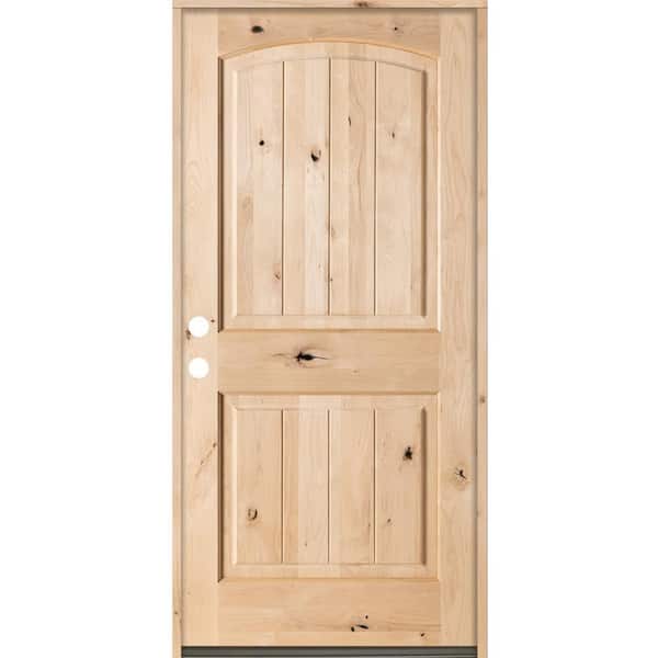 Krosswood Doors 36 in. x 80 in. Rustic Top Rail Arch 2 Panel RightHand Inswing Unfinished Knotty Alder V-Grooved Wood Prehung Front Door