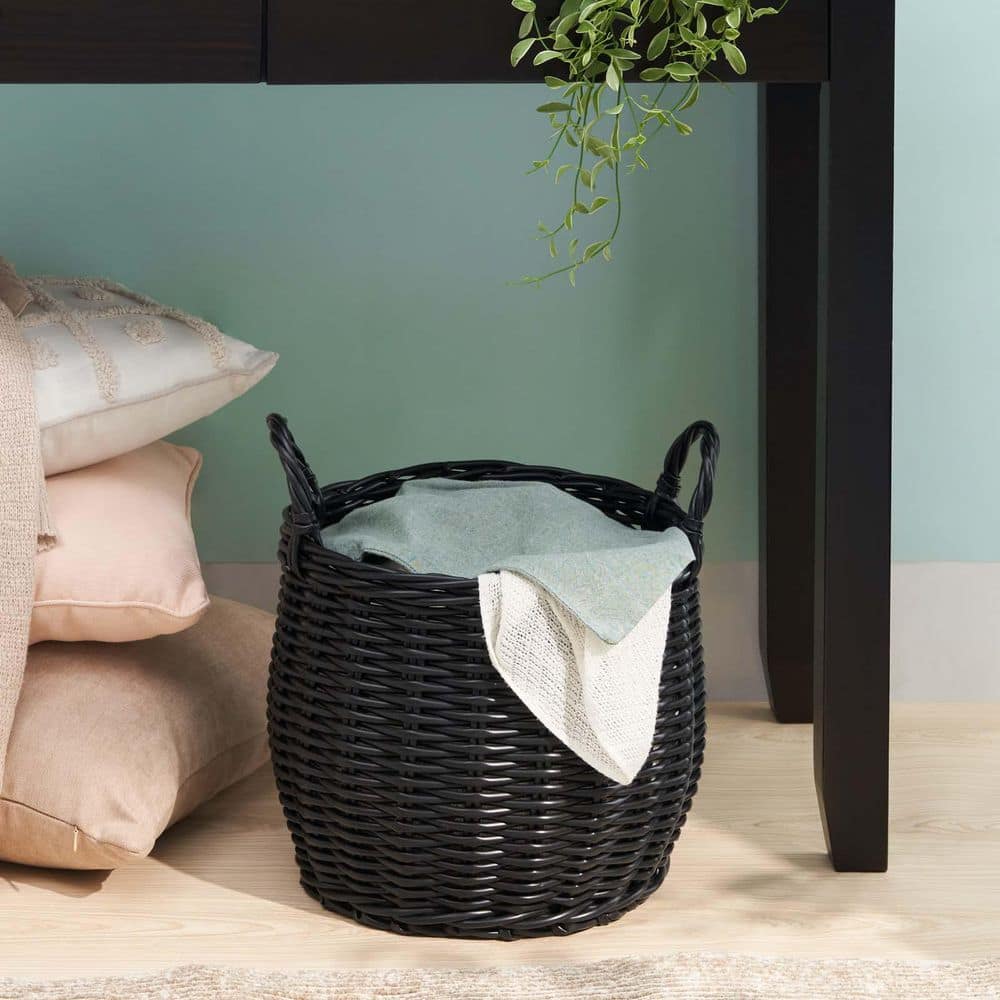Black 13 in. x 13 in. Wicker Decorative Basket, Round Minimalist Woven Wick