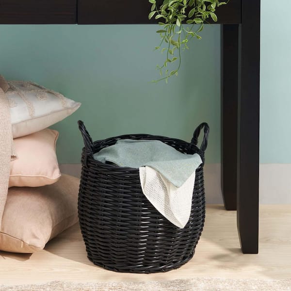Unbranded Black 13 in. x 13 in. Wicker Decorative Basket, Round Minimalist Woven Wicker Home Decor Storage Basket with Handles