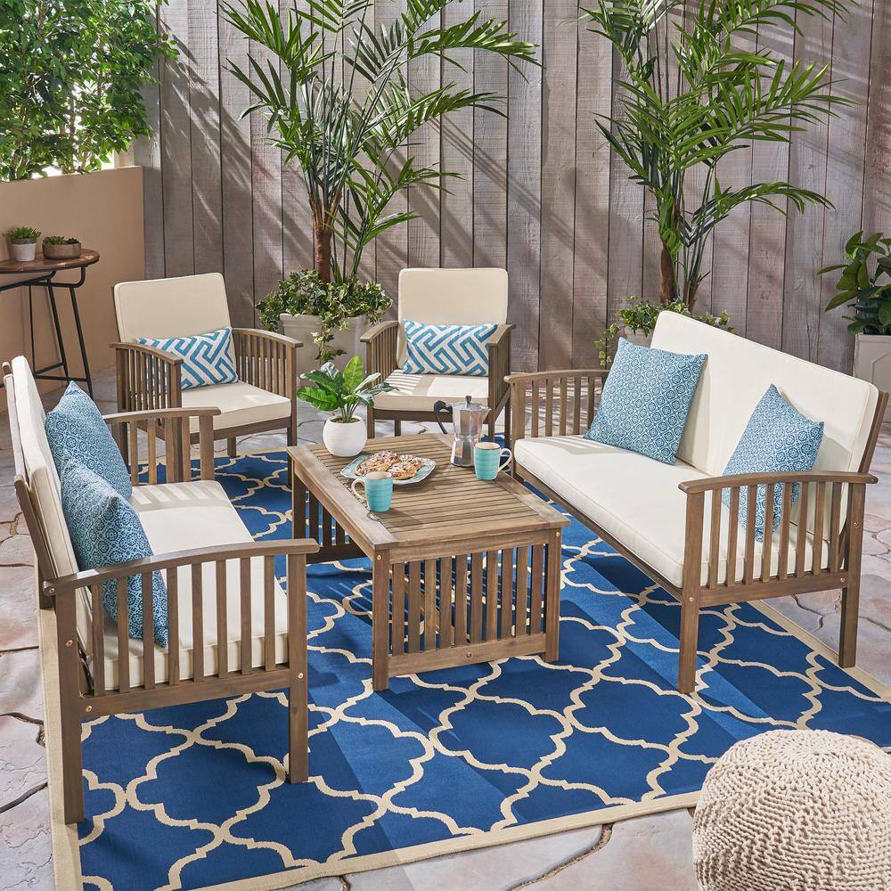 Gray and Cream 5-Piece Acacia Wood Outdoor Sofa Set