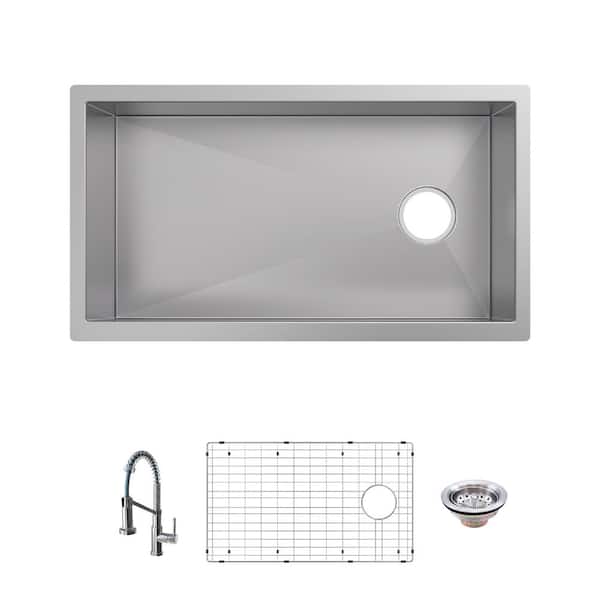 Glacier Bay Professional Zero Radius 32 in. Undermount Single Bowl 16 Gauge Stainless Steel Kitchen Sink with Spring Neck Faucet