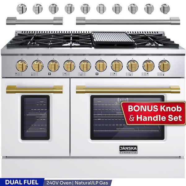 Professional 48 in. Freestanding Dual Fuel Range, 8-Burners, 6.7 cu. ft. Double Oven, Griddle in Lustrous White