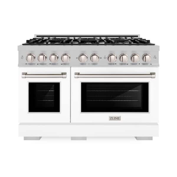 ZLINE Kitchen and Bath 48 in. Select Double Oven Gas Range with 8 Burner Cooktop in Satin Stainless Steel with White Matte Doors