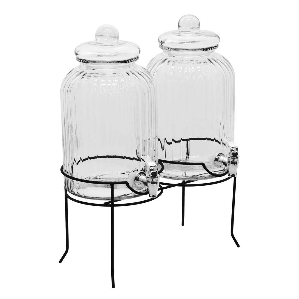Clear Ribbed Glass Beverage Dispenser Set with Metal Stand