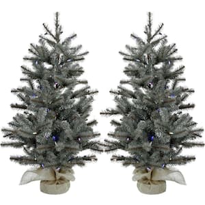 3 ft. Heritage Pine Artificial Trees with Burlap Bases and Multi-Colored LED String Lights (Set of 2)