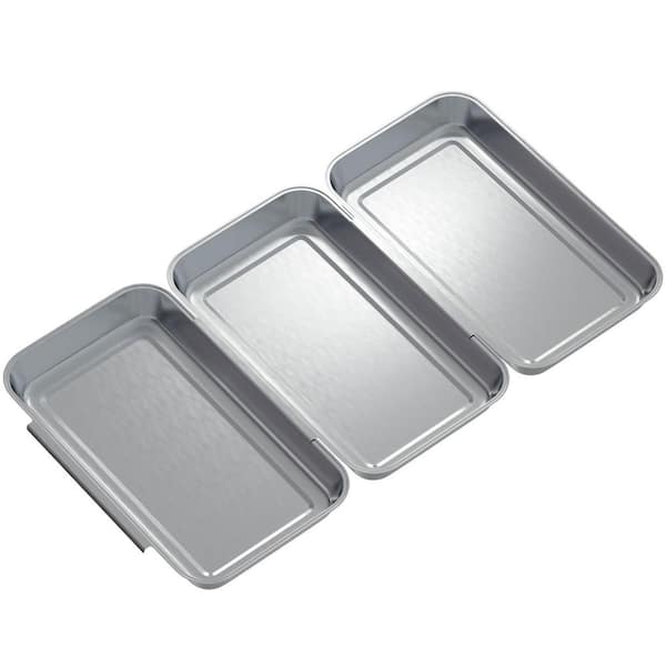 Silver Stainless Steel Breading Tray Set with Interlocking Stackable Design, Oven and Dishwasher Safe, 3 Piece