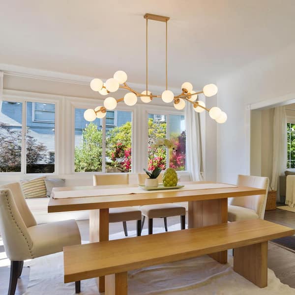 Lucie 18-Light Mid-Century Modern Brass Branch Sputnik Dining Room Chandelier with Opal Glass Shades