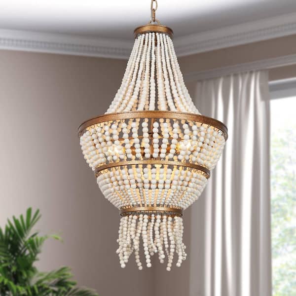 3-Light Antique Gold Drum Chandelier with Weathered White Wood Beads