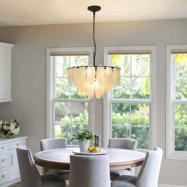 6-Light Black and Frosted Glass Leaf Chandelier for Kitchen Island Dining Bedroom Living Room Foyer