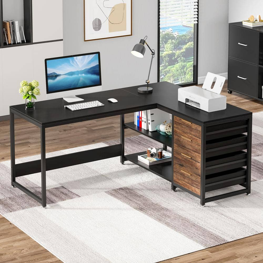 BYBLIGHT Lanita 59 in. L Shaped Black Particle Board 4 Drawer Computer ...