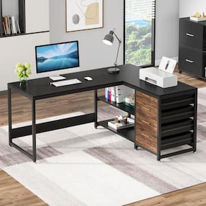 Lanita 59 in. L Shaped Black Particle Board 4 Drawer Computer Desk, Reversible Corner Office Desk, Sturdy Writing Table