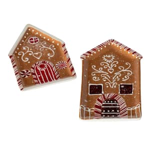 4.25 in. x 7 in. and 4.5 in. x 8 in. Brown Gingerbread House Ceramic Christmas Serving Trays