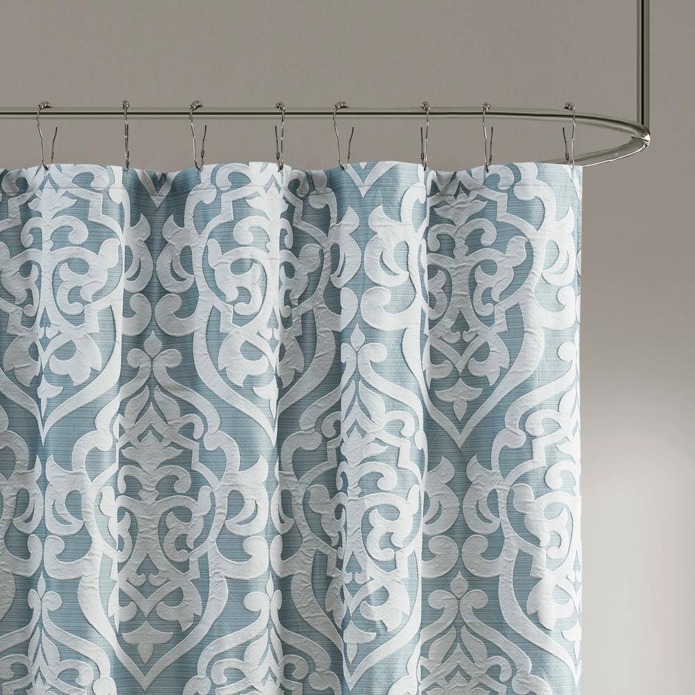 Aqua and Silver Damask Jacquard Fabric Shower Curtain