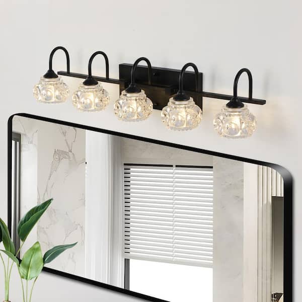 Lasaideal 29 in. 5-Light Black Vanity Lights Fixture with Clear Crystal Shades and No Bulbs Included