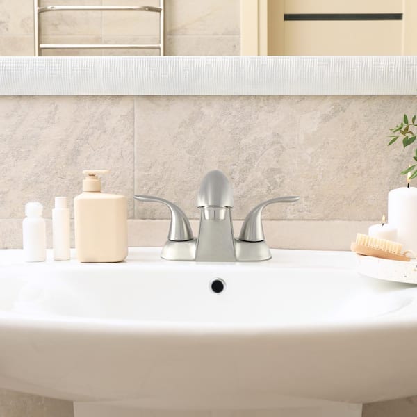 Dual Wing Handle Mid-Rise Spout Lavatory Faucet with Matching Push Pop-Up Brushed Nickel