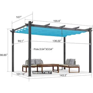 9.5 ft. x 13 ft. Blue Outdoor Retractable Against The Wall with Shade Canopy Modern Yard Metal Grape Trellis Pergola