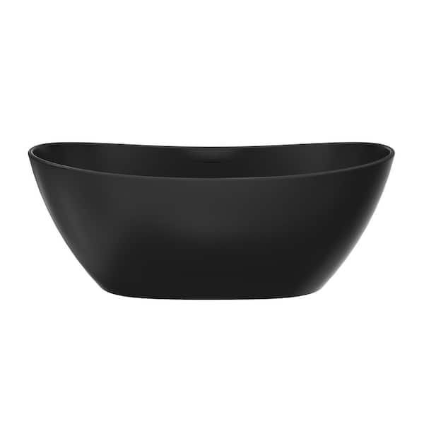 65 in. x 33.5 in. Artificial Stone Soaking Bathtub in Black Solid Surface Modern Tub with Overflow and Pop-up Drain
