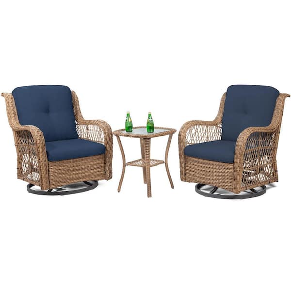 Zeus & Ruta 3-Piece Yellow Wicker Patio Outdoor Bistro Sets with Blue Cushions and Matching Side Table
